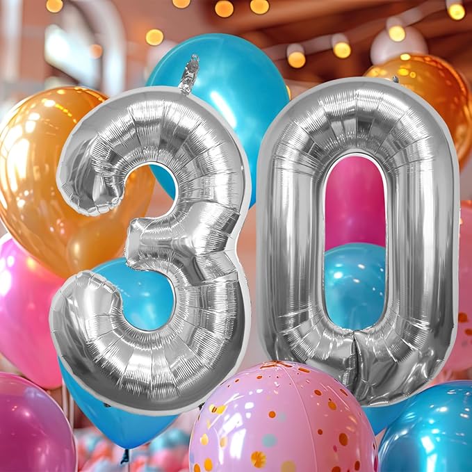 40 Inch Large Number Celebration and Decoration Balloon for Birthday Parties, Graduations, Anniversaries, Weddings, Photo Shoots, Special Events - Helium Foil Mylar (Silver Number 30)