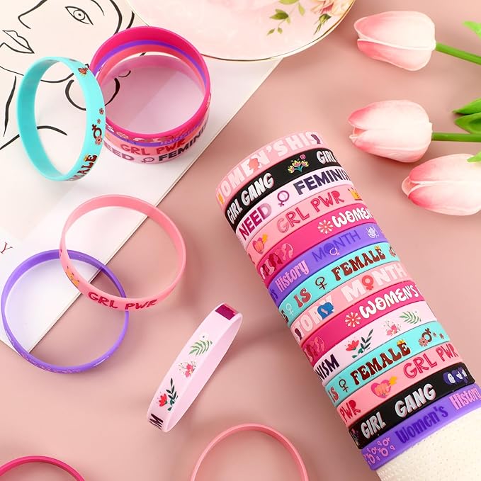 JUNEBRUSHS 42 Pack Women's History Month Silicone Wristbands with Inspirational Messages, 6 Vibrant Designs of Women's History Month Bracelets for Events Gifting