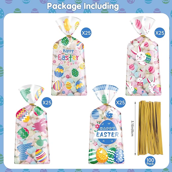 100 Pcs Easter Treat Bags - Happy Easter Gift Bag, Easters Eggs Plastic Cellophane Bag, Clear Colorful Easters Bunny Goodie Candy Favor Bags with Gold Twist Ties for Easte Party Favors Supplies