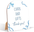Blue Bow Cards and Gifts Sign for Baby Shower, 6x8 Inch Arch Wooden Sign with Stand, Blue Baby Shower Table Sign, Gender Neutral Party Decoration - QW09