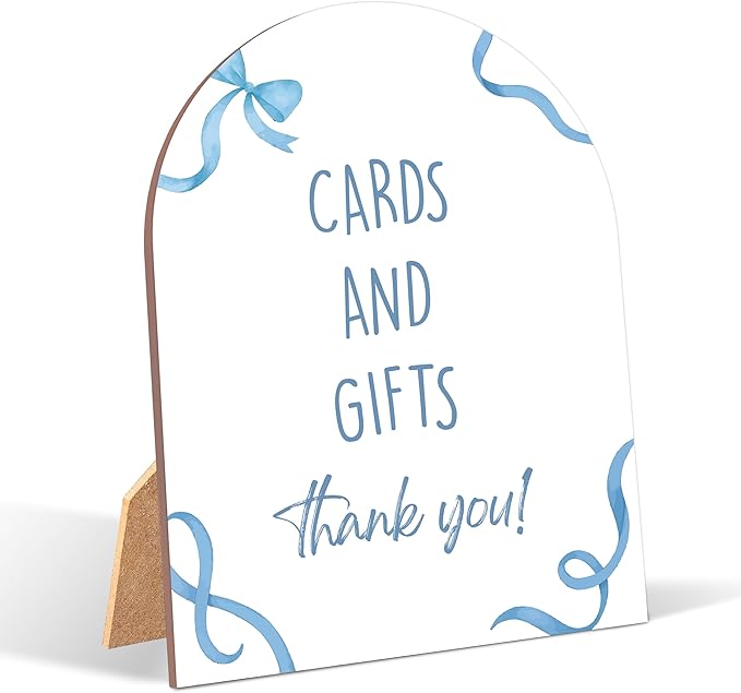 Blue Bow Cards and Gifts Sign for Baby Shower, 6x8 Inch Arch Wooden Sign with Stand, Blue Baby Shower Table Sign, Gender Neutral Party Decoration - QW09