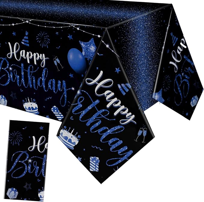 Tudomro 1 Pcs Happy Birthday Tablecloths Happy Birthday Party Decorations Plastic Table Cover Rectangular Cloths for Women Men Baby Shower Party Supplies, 108 x 54 Inch (Black Blue)