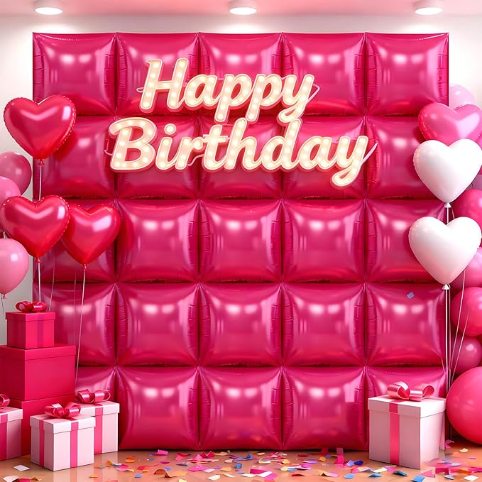 36Pcs Hot Pink Square Foil Balloons Wall Backdrop, Double Sided Metallic Foil Balloons Tunnel Arch Garland Kit for Photo Booth Birthday Wedding Halloween Christmas Party Decorations