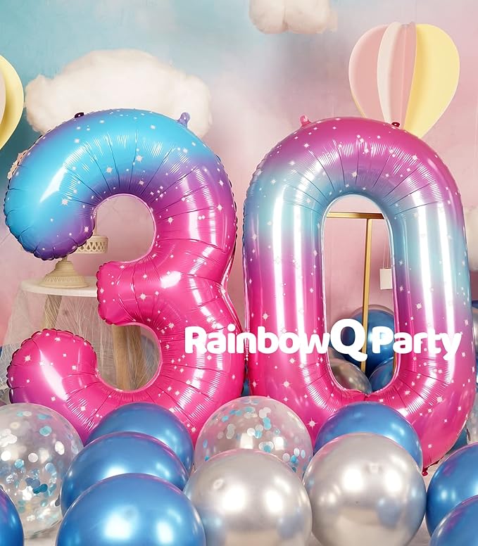 30 Number Balloons 40 Inch for Women Big Starry 0-9 Foil Mylar Large Number 30 Balloons Happy 30th Birthday Party Anniversary Decorations Supplies
