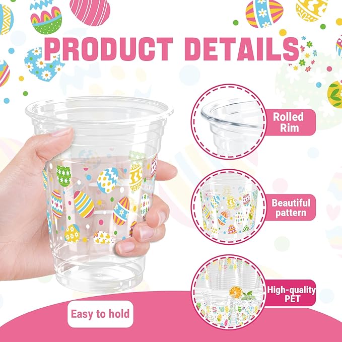 100 Pcs Easter Plastic Cups, 16 Oz Colorful Eggs Disposable Clear Party Cups for Spring Easter Party Decoration Supplies Cold Drinking Beverage Ice Cream Snacks