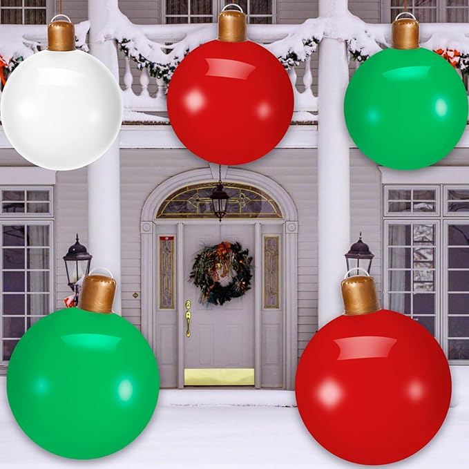 3PCS Christmas Inflatable Decorated Ball 18in Yard Inflatable Christmas Balls Giant Xmas Tree Ornaments PVC Blow up Yard Decorations for Outside Holiday Yard Lawn Porch Decor (Red White Green)