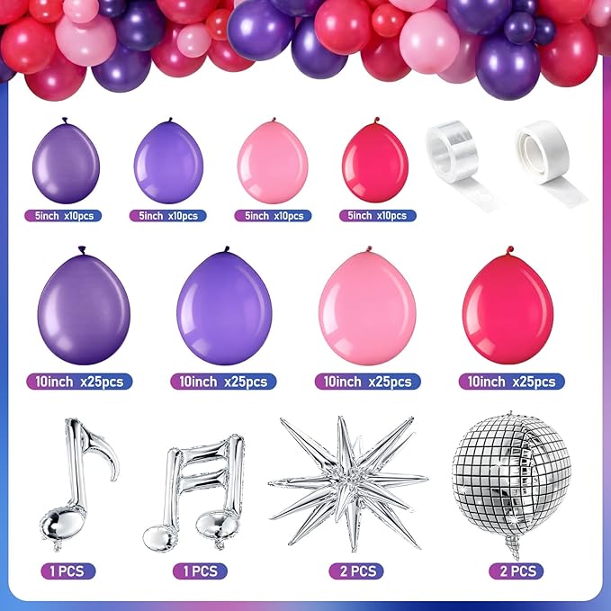 Sumind 144 Pcs K pop Party Decorations with Pink Purple Metallic Music Balloon Garland Arch Kit, K Pop Music Themed Birthday Decoration for Fans Themed Birthday Concert Stage Backdrop Party Decor