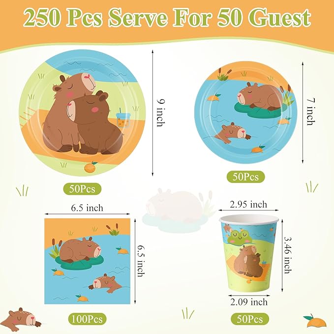 Pickmesh 250 Pcs Capybara Party Supplies Decorations Serve 50 Capybara Disposable Paper Plates Napkins and Cups Tableware Set Animals Themed Baby Shower Birthday Party Supplies