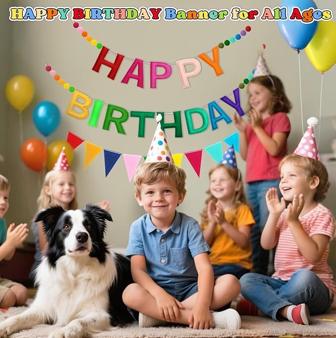 Happy Birthday Banner Decorations - Pre-Strung 3D Felt HAPPY BIRTHDAY Sign for Party Decor | Rainbow Reusable Happy Birthday Garland, Ball, Pennant Flag (1-Rainbow)