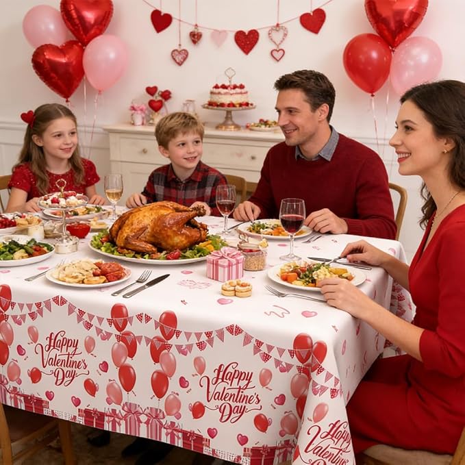 2 PCS Valentine Tablecloth(54x108 Inch) Plastic Valentines Day Table Cover Cloth Tablecloths for Valentines Party Favors Supplies Decorations Galentines Home Kitchen Desk Decor Backdrop Photo Props