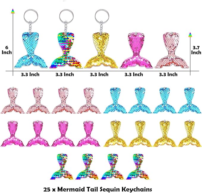 CiciBear 25 Pack Mermaid Tail Sequin Keychains for Ocean Themed Party Favors, Kids and Adults Birthday Gift, Baby Shower,Mermaid Party, 5 Colors