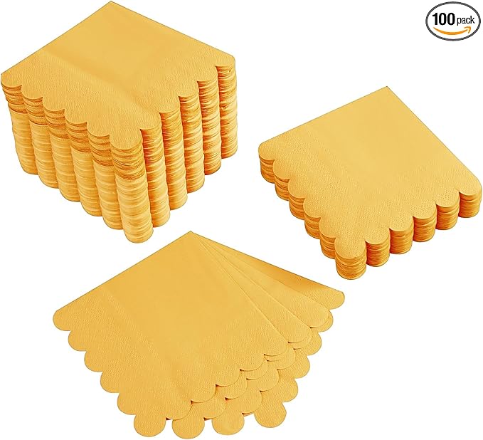 100 Pack Cocktail Napkin 2-Ply Scalloped Edged Dessert Napkins Folded 5 x 5 Inches Disposable Napkins for Dinner Wedding Birthday Party Bridal Anniversary Reception Event (Yellow)