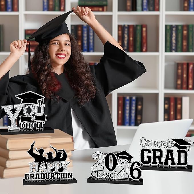 4Pcs Graduation Decorations Class of 2026 Wood Table Centerpieces Congrats Grad Wooden Sign Graduation Table Toppers Congratulate Tiered Tray Decor for 2026 Graduation Party(Black-Silver)