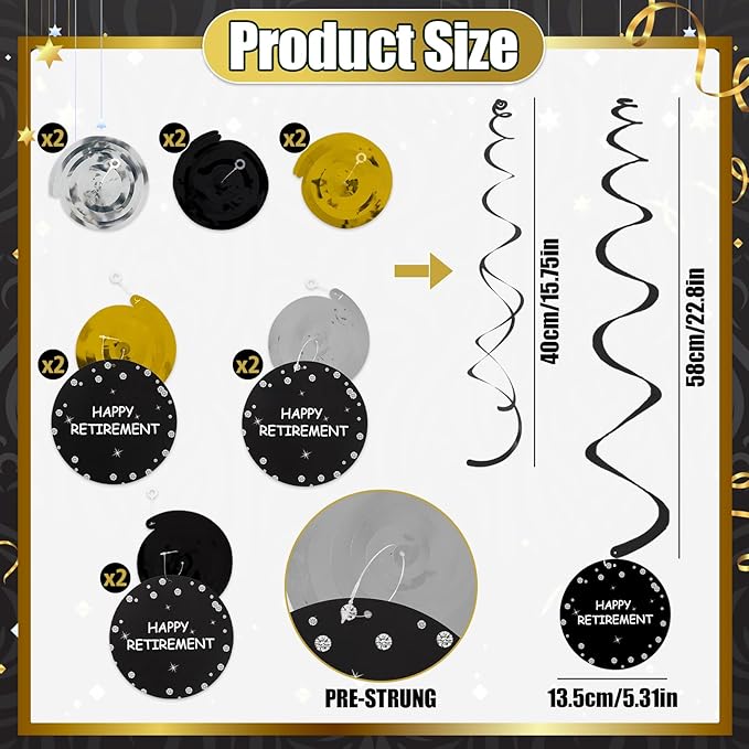 Retirement Party Decorations for Men Women Black Gold Happy Retirement Banner Hanging Swirls Kit for Retire Party Decor Supplies