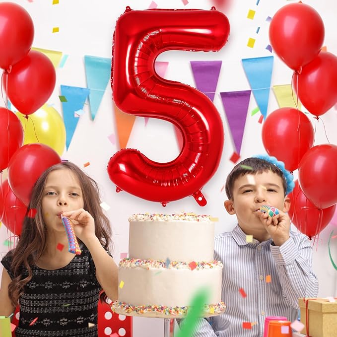 Red Number 5 Balloon 40 Inch, Big Large Foil Helium Number Balloons, Jumbo Giant Mylar Number 5 Balloons for 5 Year Old Birthday Red Party Decorations Supplies Anniversary