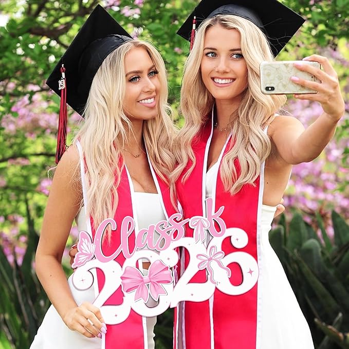 Pink Bow Class of 2026 Wood Signs Graduation Decorations 2026 Wooden Sign Congrats Grad Photo Booth Props for Graduation Party Decorations Wood Cutout College High School Party Supplies