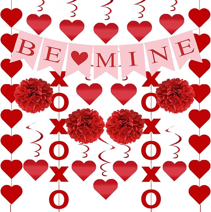 21Pcs Valentines Day Decorations Valentines Day Decor Pre-Assembled Hanging Heart Swirls BE Mine Love Heart XO Garlands Banner for Home Classroom Office Wedding Party