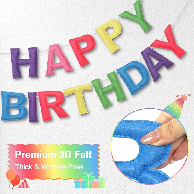 Pre-Strung Happy Birthday Banner & Felt Garland Set - Pastel Birthday Decorations for Women Girls | Reusable Party Supplies for Indoor & Outdoor