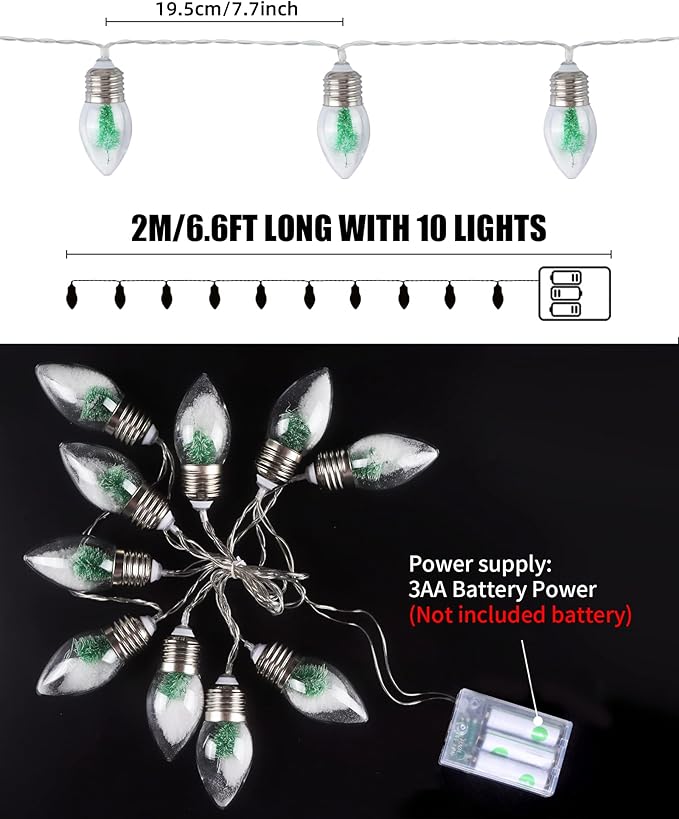 2Pcs Christmas Snow Globe String Lights Indoor Decorations 6.6 FT Battery Operated Powered String Lights for Christmas Tree Snow Scene in 20 Clear Bulbs Decor for Home Bedroom Fireplace Xmas Lights