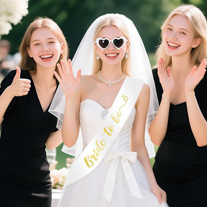 Gold Bride to Be Sash & White Wedding Veil for Bachelorette Party, 2Pcs Bridal Veil and Sash Set for Women and Girls, Bach Party Favors Accessories for Bridal Showers Engagement Party Supplies