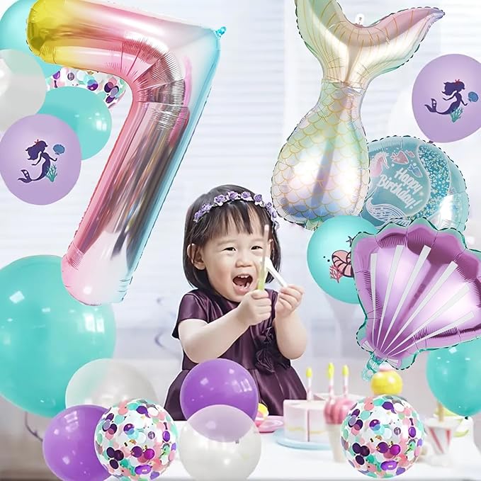 Mermaid Birthday Decorations Mermaid Balloons - Number 7 Balloons for Girls Under The Sea Mermaid Theme Baby Shower Birthday Favors