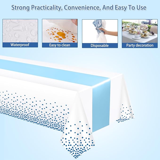 12 Pack Tablecloth and Table Runner Set Party Decorations, White and Blue Plastic Disposable Tablecloth and Satin Table Runner for Wedding Birthday Party (Blue)