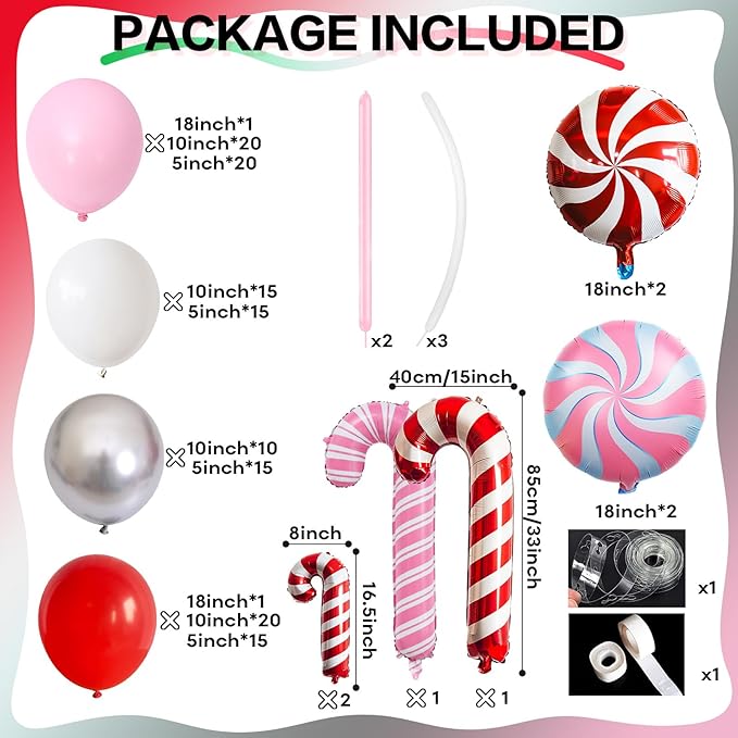 Christmas Balloon Arch 147 Pcs Red Pink White Silver Latex Balloons Garland Kit Pink Red Xmas Candy Cane Foil Balloon for Merry Christmas Birthday Baby Shower Holiday New Year Party Decoration