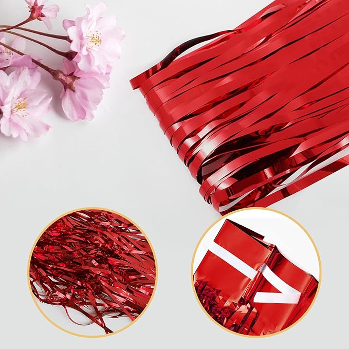 12 Pack Red Foil Curtain Backdrop 3.2ft x 6.6ft Metallic Tinsel Fringe Backdrop Curtains Streamer Photo Booth Backdrop for Birthday Engagement Bachelorette Christmas Holiday Party Decorations
