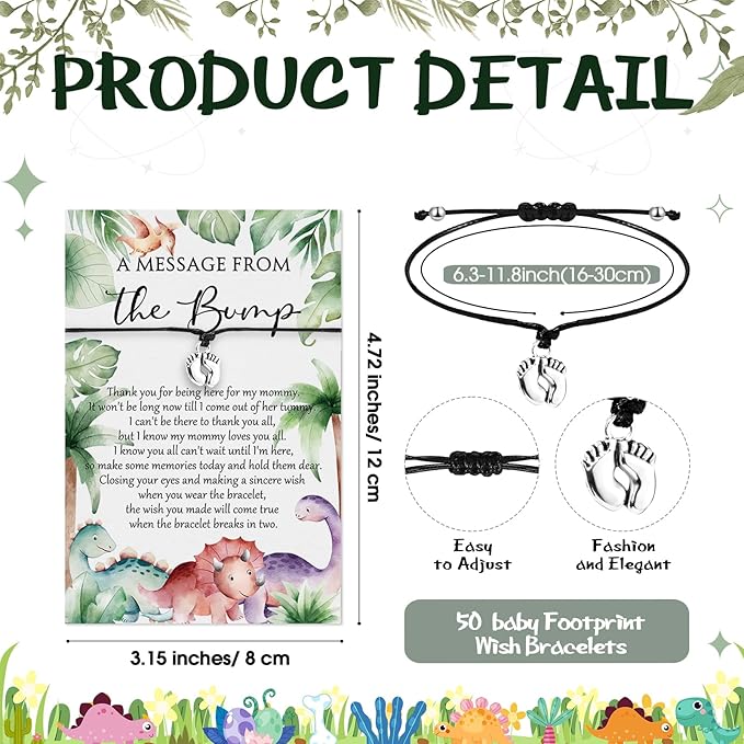Thyle 50 Set Dinosaur Baby Shower Favors for Guests Adjustable Bracelets with Message from the Bump Card Footprints Charm Baby Shower Bracelets for Gender Reveal Thank You Gifts