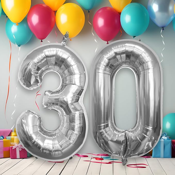40 Inch Large Number Celebration and Decoration Balloon for Birthday Parties, Graduations, Anniversaries, Weddings, Photo Shoots, Special Events - Helium Foil Mylar (Silver Number 30)
