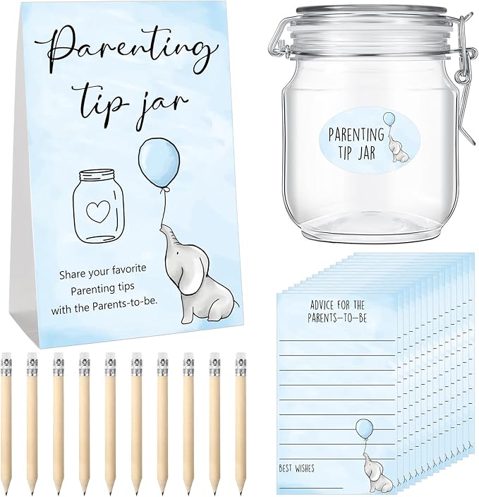 Roowest Baby Shower to Baby Advice Cards for New Parents to Be - Tip Jar Sign for New Parents 60 Parenting Advice Cards 10 HB Pencils 2 Cute Stickers 1 Pet Bottle for Guests Games(Blue Elephant)