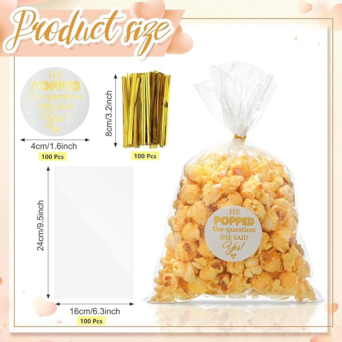 AIOMOB 100 Pack He Popped the Question Popcorn Bags Engagement Party Favors Decorations She Said Yes Sticker Clear Popcorn Favor Bags for Engagement Party Bridal Shower Wedding Supplies