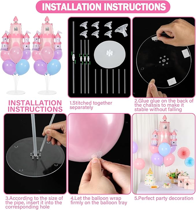 Princess Party Balloons Stand Kit 2 Sets with 2 Princess Castle Foil Balloons Pastel Blue Pink Purple Themed Party Balloon Centerpiece for Tables for Girls Baby Shower Fairytales Birthday Decorations