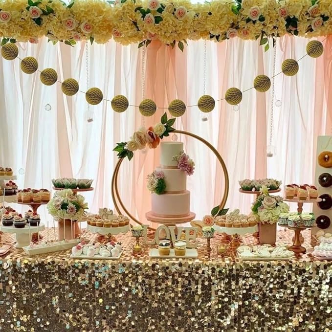 Gold Honeycomb Ball Garland - 7 ft. - Elegant Paper Decor - Ideal for Bridal Showers, Birthdays, & Christmas Parties (1 Pc.)