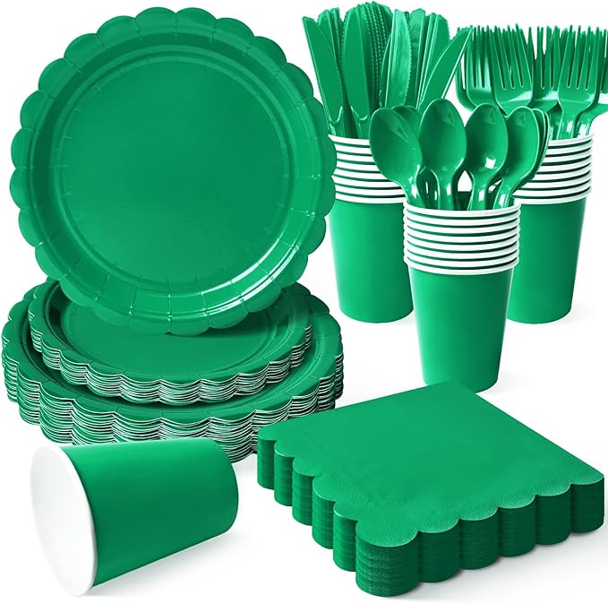 Vyntra 350 Pcs Green Paper Plates and Napkins Set for 50, 9" Dinner Plates & 7" Dessert Plates, Tableware for Party, St. Patrick’s Day, Birthday