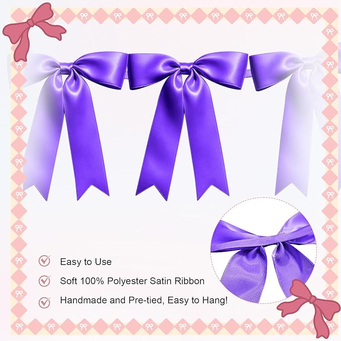2 Strings of 16PCS Purple Bow Garlands Banner Decoration,Pre-Strung Satin Ribbon Ornaments for Birthday,Bachelorette Party,Bridal Shower,Wedding,Engagement,Baby Shower,Graduation Decor,Anniversary
