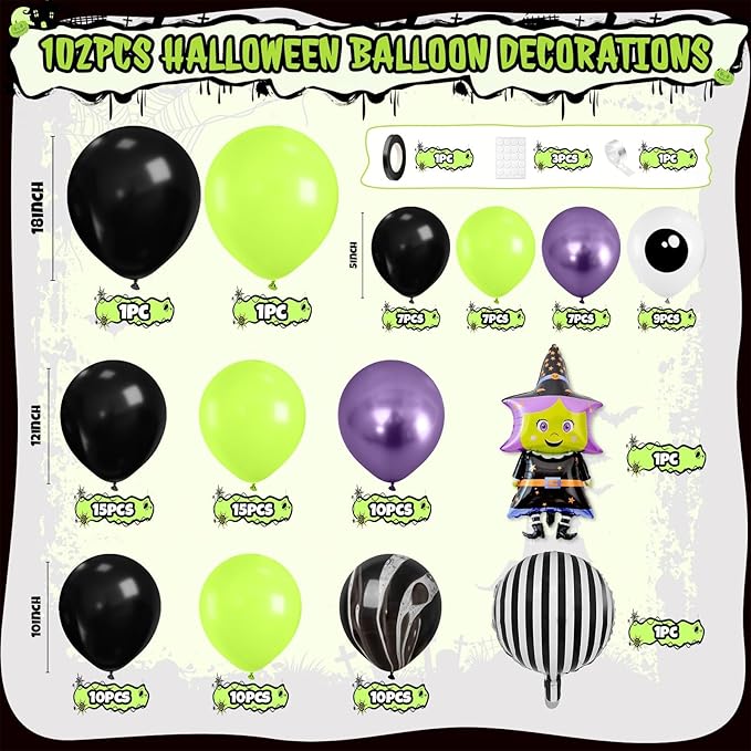 Halloween Balloon Arch Kit, Black Fruit Green Metallic Purple Agate Black Balloons, Ghostly Eyes, Scary Character and Striped Balloons for Kid Halloween Birthday Party Decorations Baby Shower Backdrop