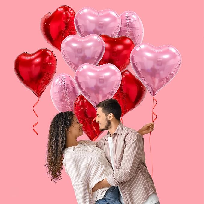 Pink Red Heart Balloons, 20 Pcs 18 Inch Heart Shaped Foil Balloons Galentines Balloons for Girls Birthday Wedding Anniversary Engagement Party Valentines Day Decorations