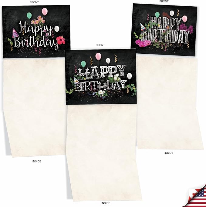 The Best Card Company - 10 Happy Birthday Note Cards Blank - Assorted Bulk Birthday Notecards, Cute Boxed Set (4 x 5.12 Inch) - Chalk and Roses Birthday M6479BDB
