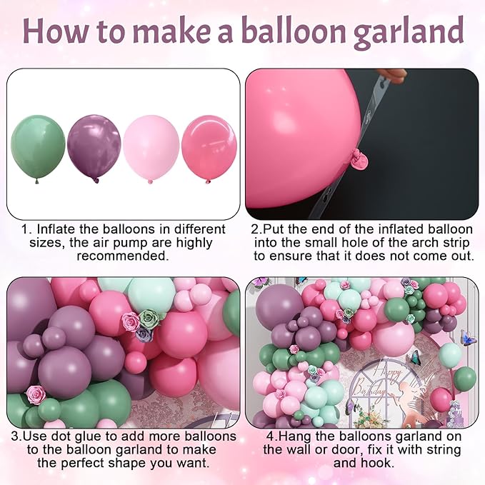 Fairy Balloon Arch Kit 120Pcs Sage Green Pink Purple Balloons Garland Dusty Green Lavender Lilac Birthday Party Balloons for Girls Butterfly Garden Wildflower Floral Bridal Baby Shower Decorations