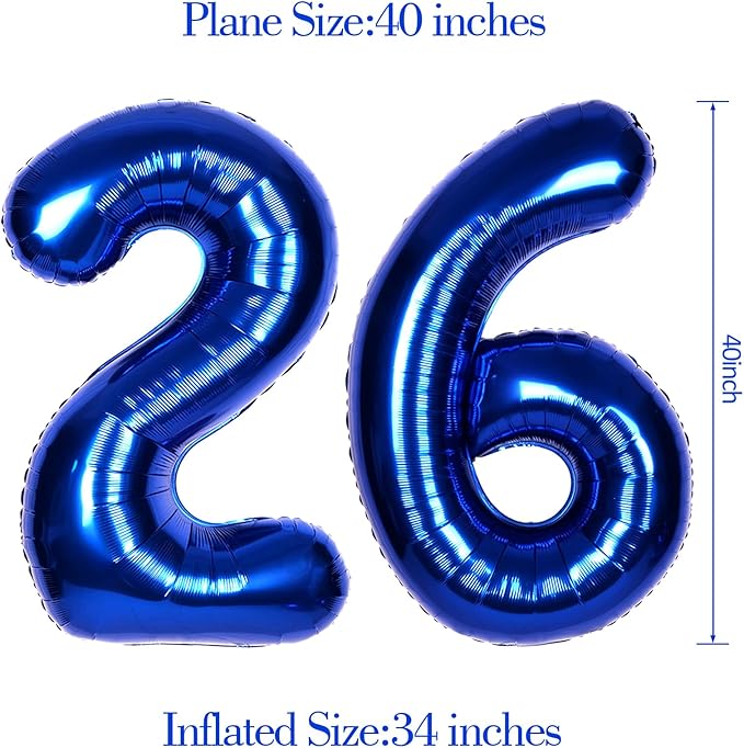 40Inch Navy Blue Number 26 Balloon Large Helium Royal Blue Number Balloons 0-9 Giant Digital 26th Foil Mylar Big Party Balloon for Boy Birthday Party Anniversary Graduation Decorations