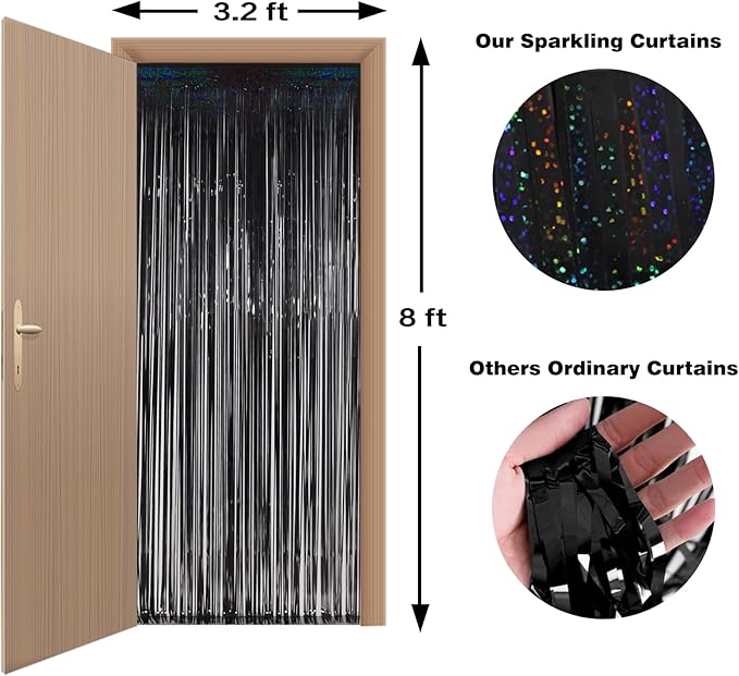 Melsan Black Tinsel Backdrop Streamers, Black Foil Fringe Curtains 3.2 ft x 8.2 ft for Halloween New Year Graduations Birthday Party Photo Booth Props Decorations, 2 Pack