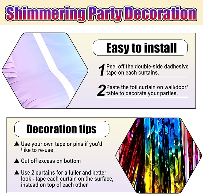 3 Pack Rainbow Foil Fringe Curtain Backdrop, 3.28Ft x 6.6Ft Metallic Tinsel Foil Fringe Streamer Curtains for Photo Booth, Christmas Day, Thanksgiving, Wedding, New Year Party Decorations