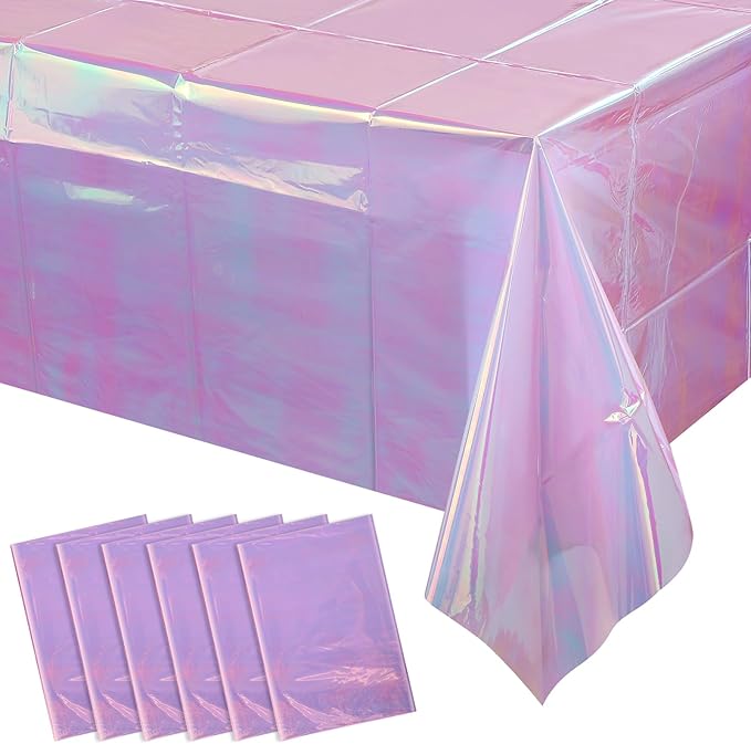 6 Pack Light Purple Plastic Tablecloths for Rectangle Tables, Shiny Disposable Laser Rectangle Table Covers Holographic Foil Tablecloth Iridescent Party Decoration Birthday Bridal Wedding, 39x108 Inch