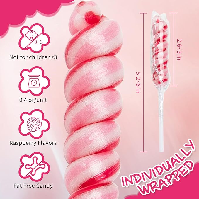 Pink Twisty Lollipops Individually Wrapped - Valentine's Day Candy Twist Lollipop Bulk - Valentine Swirl Suckers for Birthday Party Favors - Raspberry Flavor 30 Pack