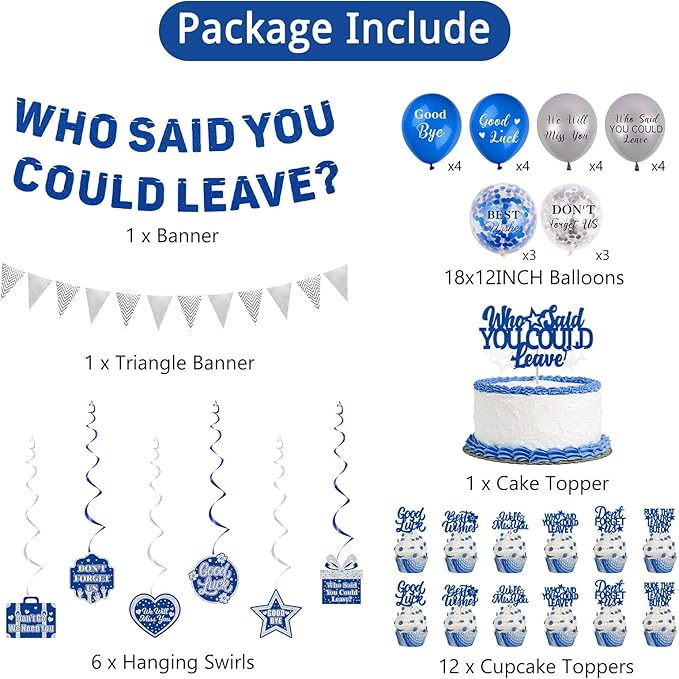 Roetyce Farewell Party Decorations, Blue Silver Who Said You Could Leave Banner Cake Toppers Balloons Hanging Swirls, Going Away Retirement Leaving Party Decorations, Coworker Goodbye Party Supplies