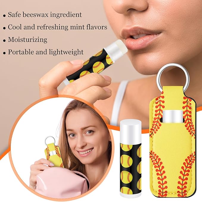 18 Sets Softball Party Favors Lip Balm and Lipstick Holder Keychain Bulk Sport Ball Team Gifts Natural Moisturizing Lip Balm Keychains Pouch for Team Sports Party Supplies(Yellow)