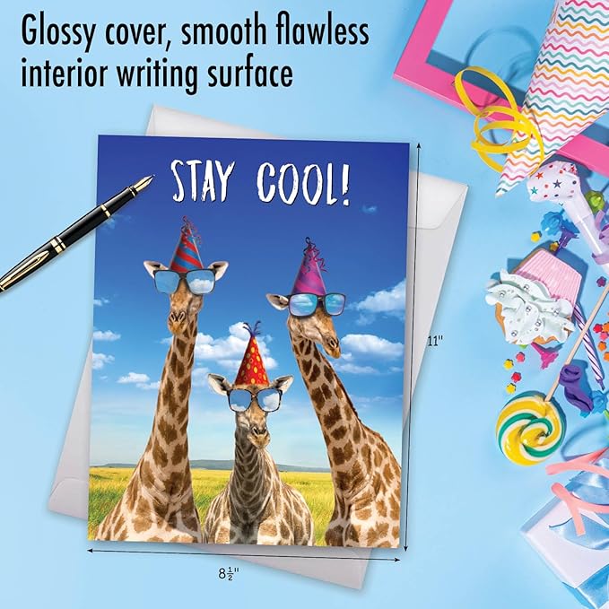 NobleWorks - Hilarious Happy Birthday Card with Envelope (8.5 x 11 Inch) - Funny Animal Greeting Card From All Of Us - Cool Giraffe J6335BDG-US