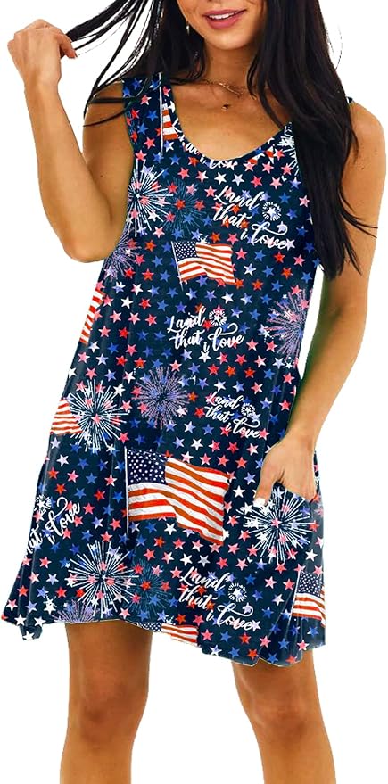Deerose Women 4th of July Sleeeveless Dress Patriotic V Neck Tank Dresses with Pockets