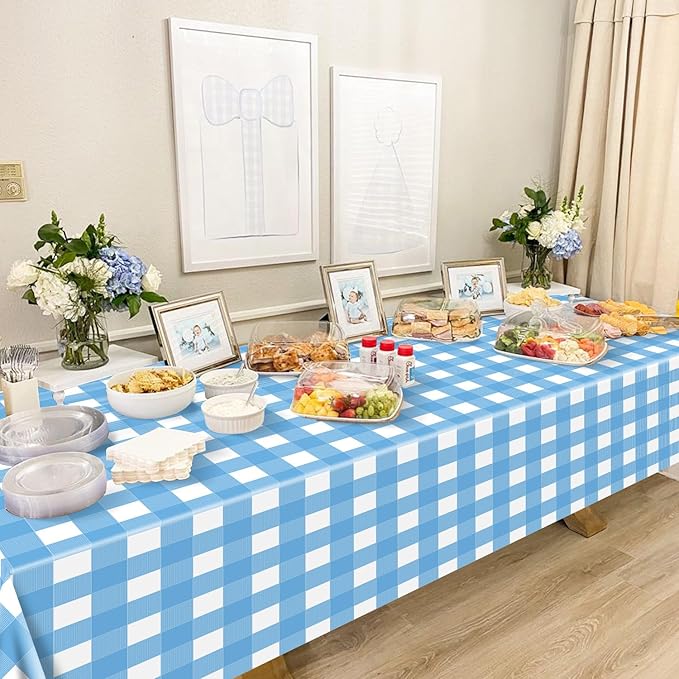 4 Pack Light Blue Gingham Tablecloths, Blue and White Checkered Tablecloths 86.6 x 51.2 Inches Rectangular Waterproof Picnic Table Covers for Birthday Party Holiday Outdoor Supplies
